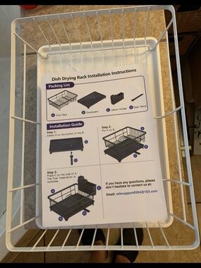 New! Amazon White Metal dish drying rack with a drainboard and utensil holder.